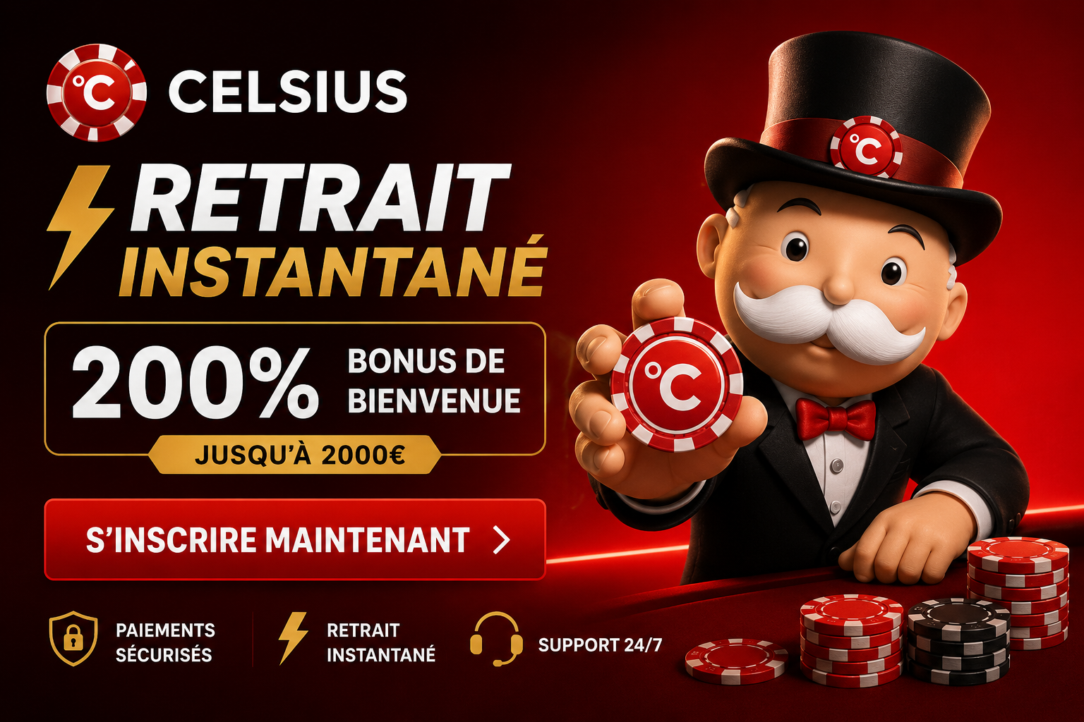 Celsius Casino : retrait instantané, 200% de bonus de bienvenue jusqu'à 2 000 €